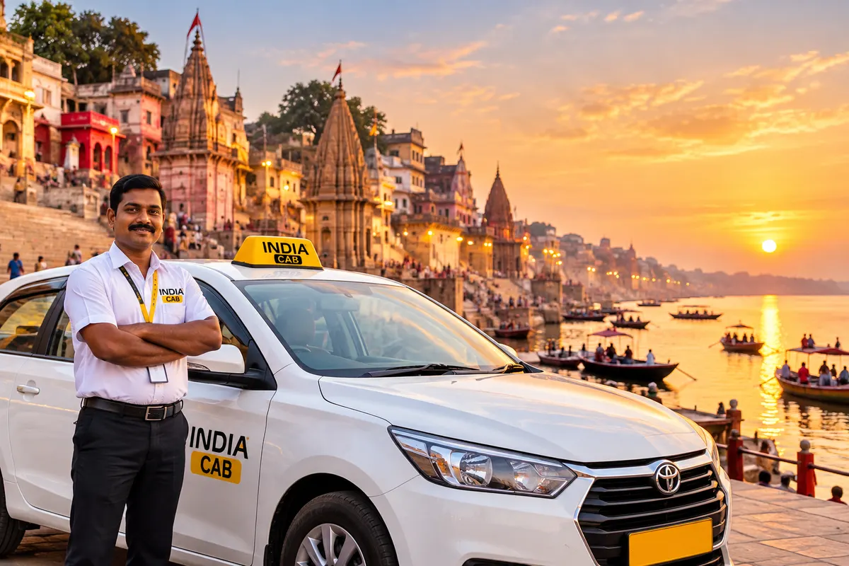 Professional Indiacab driver standing beside a clean white taxi with the Varanasi ghats behind
