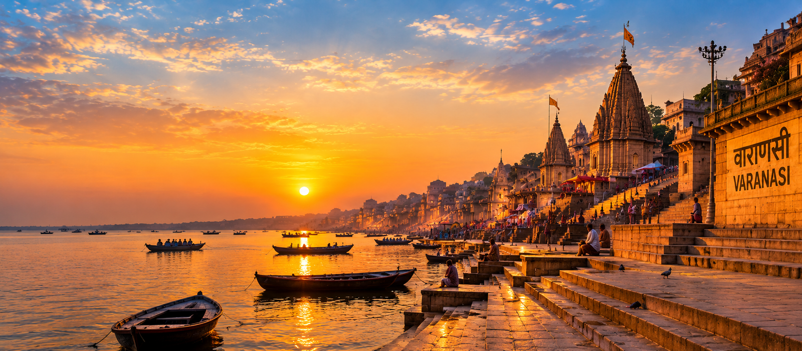 Sunrise over the Ganga ghats in Varanasi